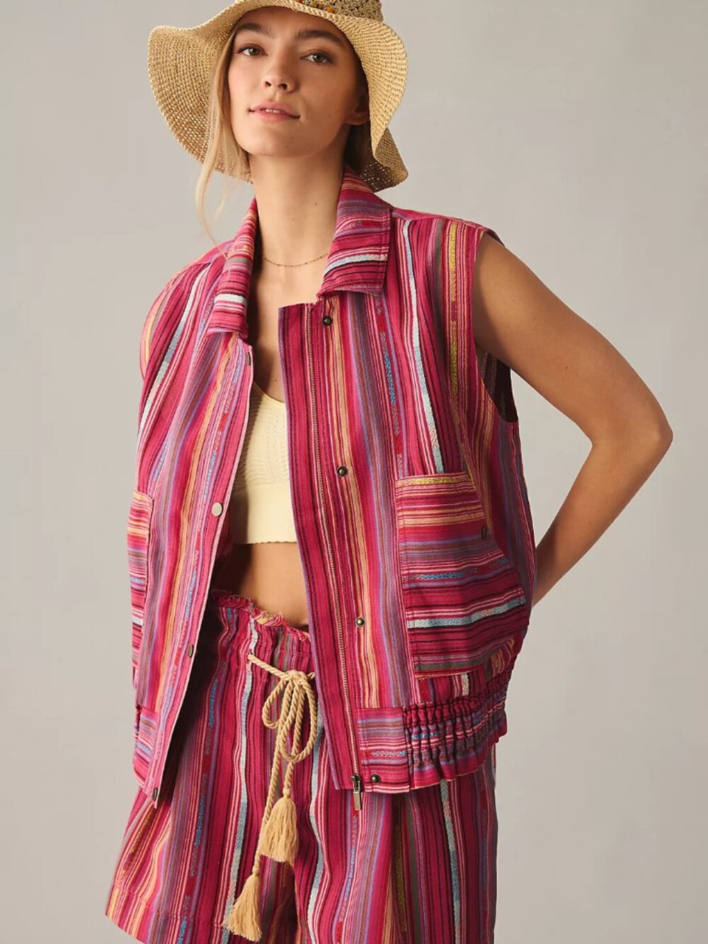 NWOT Anthropologie Utility Vest Raspberry Stripe Smocked Hem Boho L MSRP $98